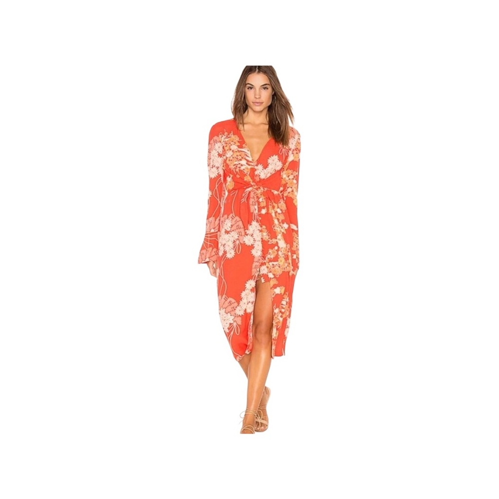 Free People. Red/Orange Floral Print Button Down Long Sleeves Midi Dress Large